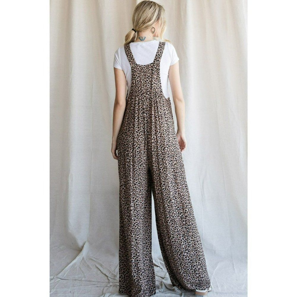 JODIFL Leopard Print Overalls Slouchy Oversized W/ Side Pockets Taupe G4454-1 - Picture 4 of 7